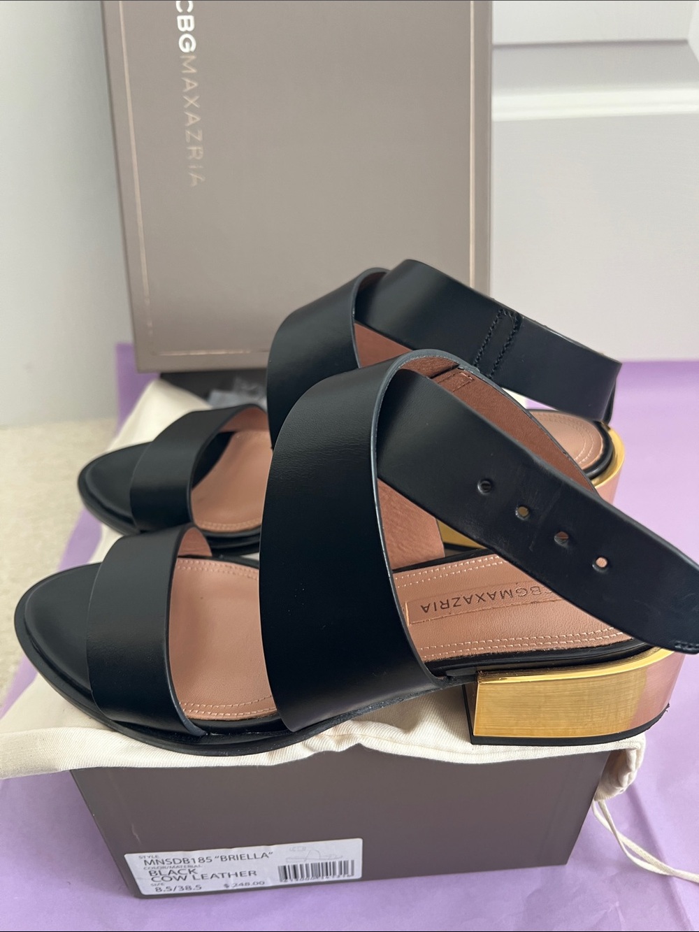 BCBGMaxAzria Black Leather Sandals with Gold Block Heel US W 8.5